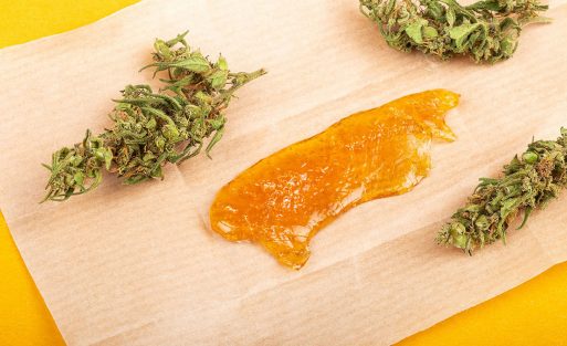 dried cannabis bud with concentrate wax oil closeup.